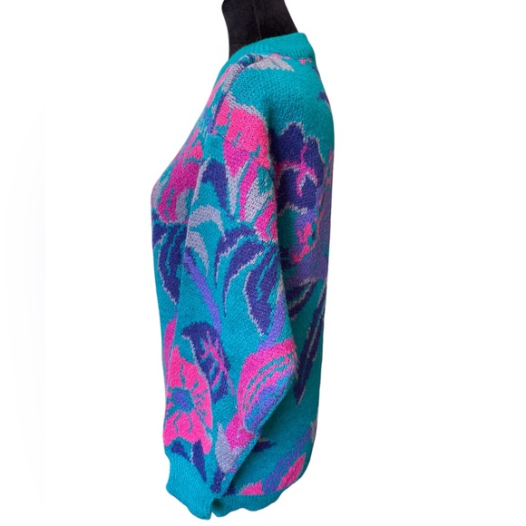 Le Moda Vintage 90s Bright Teal Pink Tropical Coastal Boho Floral Leafy Sweater - Picture 4 of 6